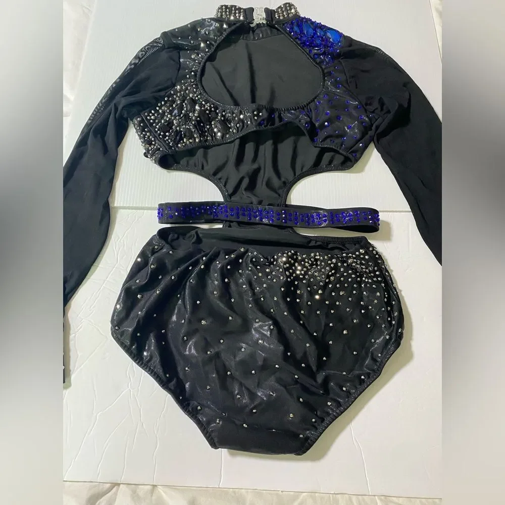Glamour Adult LA Solo Dance Costume Black Blue Mesh Sleeve Contemporary Jazz
